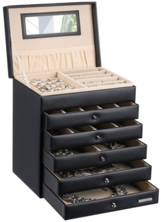 Yorbay Schmuckkasten Schmuckkästchen mit 6 Ebenen, 5 Schubladen (Mit Spiegel), zwei Farben, für Halsketten, Ringe, Armbänder, Ohrringe
