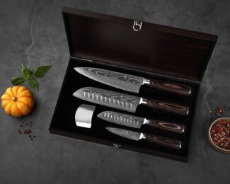 Wakoli Messer-Set EDIB Essentials 4er Damastmesser-Set Küchenmesser Kochmesser (Damastmesser mit Geschenkbox, 4-tlg, 4er Damastmesser-Set), VG10 Kern, 67 Lagen Damaststahl, Pakkaholzgriff, inkl. Geschenkbox