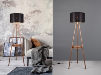 LED Tripod Stehleuchte mit Stoffschirm Schwarz/Gold & Ablagetisch, Höhe 152cm