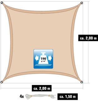 2x2m UV Sonnensegel Sonnenschutz Wasserdicht Beige