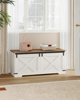 Schuhbank, Sitzbank mit Stauraum, Sitztruhe mit 2 Stabilen Scharnieren, Aufbewahrungsschrank, Scheunenstil, 40 x 109 x 48,5 cm, für Eingangsbereich, Schlafzimmer, Weiß Braun