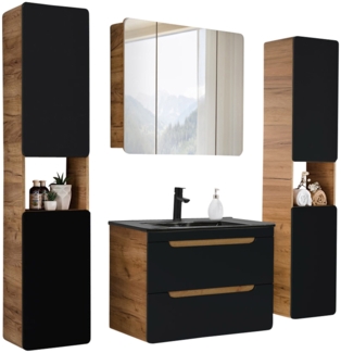 Badmöbel Komplett-Set in seidenmatt anthrazit mit Wotan Eiche Nb, 81 cm Waschtisch-Unterschrank mit Keramik-Waschbecken, LED-Spiegelschrank, 2 Hochschränke, B/H/T ca. 180/200/46 cm