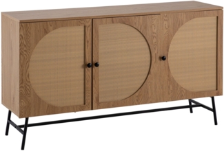 Sideboard 140x80x39 cm Kommode Eiche-Dekor mit Rattan Geflecht Modern, Hoher Kommodenschrank, Standschrank mit 3 Türen, Anrichte Wohnzimmer