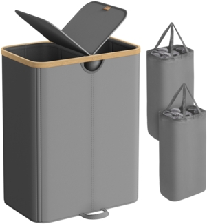 SONGMICS Wäschekorb 2 Fächer, Wäschesammler, 150 Liter, Wäschesortierer mit Deckel, Wäschetonne, Wäschesäcke herausnehmbar, für Waschküche, Schlafzimmer, Wohnzimmer, schiefergrau-naturbeige