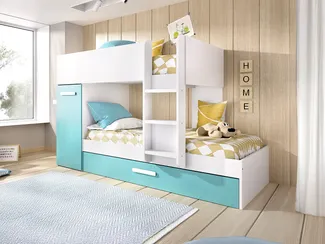 Vente-unique - Etagenbett Ausziehbett mit Stauraum - 3x 90 x 190 cm - Weiß, Naturfarben & Blau - ANTHONY