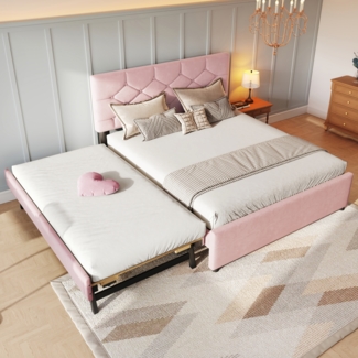 Polsterbett 140x200 cm mit ausziehbarem Rollbett, Samt Bett mit Kopfteil und Knopfdesign, Tagesbett mit Gästebettfunktion,Rosa