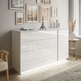 yourhouse24 Kommode LUNA II Sideboard Weiß Hochglanz Push-Open Chrom Griffe LED