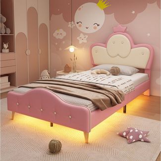 STILVORA Prinzessinbett 90x200 mit Krone-Kopfteil,Kinderbett Bettgestell mit LED-Beleuchtung (Polsterbett, für Kinder, Einzelbett mit weichem LED-Streifen, 90x200cm), ohne Matratze