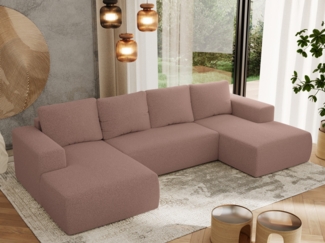 U-förmiges Ecksofa mit Schlaffunktion, Bettkasten und losen Kissen, zwei Armlehnen - TRENTINO U - Rosa Boucle