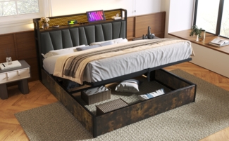 Merax Polsterbett mit LED App-Control und USB Anschlüssen, Holz Braun, 180 x 200 cm