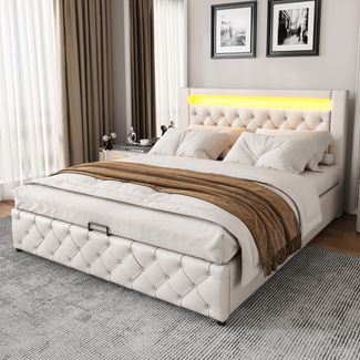 MODFU Polsterbett Bett mit Stauraum gepolstertem Kopfteil (160x200cm mit Matratz, 2-tlg), Funktionsbett mit Lattenrost und Stauraum,Mit LED-Beleuchtung
