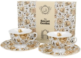 DUO FLORAL 2er-Set Espressotassen 100 ml ENGLISH ROSES WHITE mit Untertassen, New Bone China Porzellan