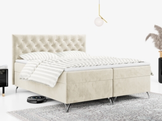 Boxspringbett mit Kopfteil und Topper, Polsterbett - GRIMALDI - 160 x 200 cm - Beige Velvet - H4