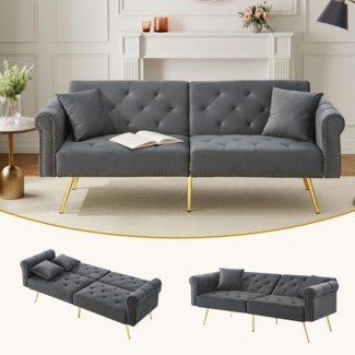 Merax Modernes 2-Sitzer-Schlafsofa – Samtbezug, Rückenlehne mit 3-stufiger Verstellung & vergoldete Metallfüße Stilvolles Sofa mit Schlaffunktion, Grau