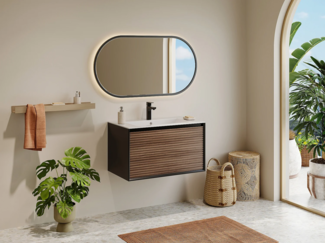 Vente-unique - Waschbeckenunterschrank hängend mit Einbauwaschbecken - Streifenoptik - Holzfarben dunkel & Schwarz - 80 cm - BANIVA