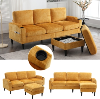 LVHOM Loungesofa mit Hocker & Stauraum, 4-Sitzer, Armlehnen, Getränkehalter, Seitentaschen, weiche Chenille-Stoff, modulare Sofa, Gelb
