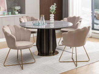 Vente-unique - Stuhl 6er-Set - Samt & Metall - Beige & Goldfarben - FIORI II