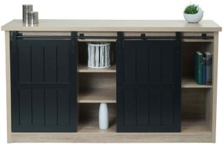 Sideboard HWC-K75, Highboard Regal Schrank, Schiebetüre 7 Fächer, Holz-Optik Industrial Metall 84x150x40cm ~ naturfarben