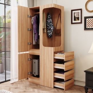 Merax Kleiderschrank 70 x 40 x 170 cm, mit Schubladen und Staufächern, offenem Kleiderbereich, Holzfarbe