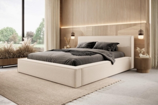 Compleo Polsterbett Boucle-Bett mit Stauraum, Doppelbett mit Kopfstütze