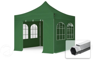 3x3 m Faltpavillon PROFESSIONAL Alu 40mm, Seitenteile mit Sprossenfenstern, dunkelgrün
