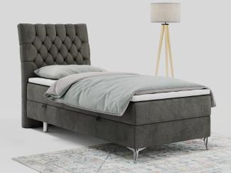 Boxspringbett MILEN, Einzelbett 90x200, Polsterbett mit Multipocket-Matratze und Topper - Dunkelgrau velours - links - H4