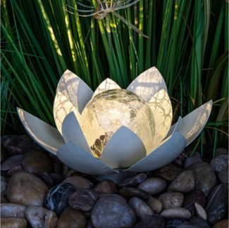 Spetebo LED Solarleuchte LED Solar Lotusblüte mit Crackleglas Kugel - 25x11 cm, LED, warm weiß, Garten Deko Kugelleuchte
