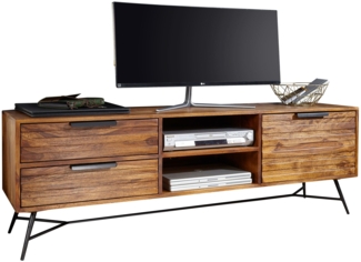 Lowboard NISHAN 160 x 54 x 40 cm Sheesham Massiv Holz, Design Hifi-Board mit Stauraum und Schubladen, Massivholz Fernsehschrank Wohnzimmer, Industrial Fernsehkommode mit Metallbeinen