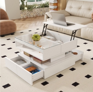 OKWISH Couchtisch mit 16-farbiger Beleuchtung (Wohnzimmertisch, Sofatisch, 1-St, Glasplatte und Acryl-Trägern), Höhenverstellbarer Satztisch, Beistelltisch