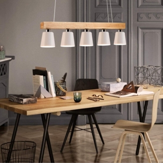 ZMH Pendelleuchte, 5-flammig, E27, weiß, moderne Pendelleuchte aus Metall und Holz, Esszimmerlampe, Durchmesser 102 cm, für Küche, Wohnzimmer, Flur, Hotel
