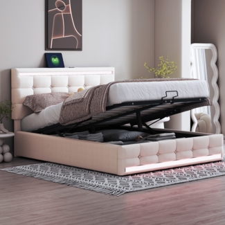 LED Polsterbett 140x200 cm mit Stauraum, hydraulisches Aufbewahrungsbett, USB-Anschlüsse, Leinenstoff,Beige