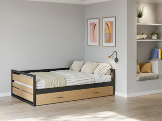 Vente-unique - Ausziehbett - 120 x 200 & 90 x 200 cm - MDF, Kiefernholz & Metall - Holzfarben & Anthrazit - BOSTON