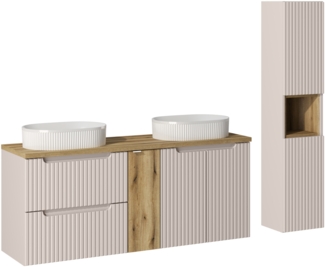 NOVA CASHMERE Badmöbel-Set 140 cm mit einer Waschtischplatte, 2 Beyond-Aufsatzwaschbecken und einem Hochschrank (40x140cm), Kaschmir matt,Eichenküste Evoke