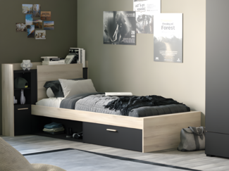 Vente-unique - Bett mit Stauraum + Lattenrost + Matratze - 90 x 190/200 cm - Schwarz & Holzfarben - MARTELO
