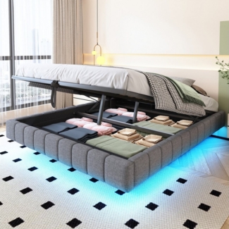 HAUSS SPOLE Polsterbett 160x200 cm, Hydraulischer Schwebebett mit LED-Licht, Leinen Grau (mit Stauraum und LED-Beleuchtung – Multifunktionales Design ohne Kopfteil, Luftdruck-Lagersystem, Robuster Metallrahmen für 250 kg Belastbarkeit, Perfekt für Schl...