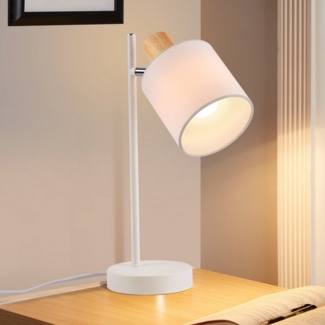 Nettlife Tischleuchte Holz Vintage Weiß Stoffschirm 35.5cm E14 mit Schalter Nachttischlampe, Schwenkbar, ohne Leuchtmittel, mit Kabel und Stecker Drehbar Tischlampe für Wohnzimmer Büro