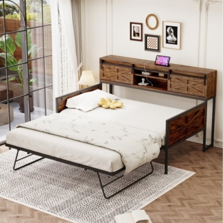 Ulife Daybett Schlafsofa Eisen Tagesbett Sofabett mit Steckdosen & Stauraum, 90x200cm mit Ausziehbett 90x190cm