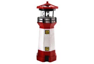 HAC24 LED Solarleuchte Solar Leuchtturm Garten Deko Leuchtfeuer Gartendeko Gartendekoration, LED fest integriert, 28 cm, Rot Weiß, Mit Dämmerungssensor