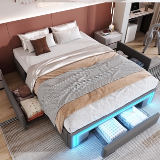Merax Polsterbett 140x200cm ohne Kopfteil, Doppelbett Jugendbett mit Schubladen und Led, Stauraumbett, Grau