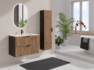 Vente-unique - Waschbeckenunterschrank hängend mit Einbauwaschbecken & Badhochschrank - Streifenoptik - Holzfarben hell & Schwarz - 80 cm - MADELA