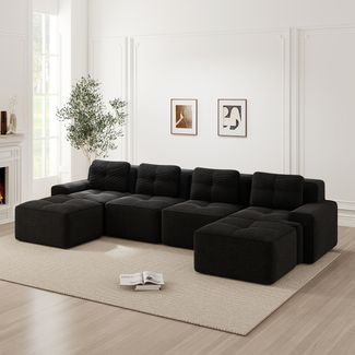 Boneless Sofas für Wohnzimmer,Modulares Sofa mit U-förmiger Chaiselongue 4-Sitzer Bequem Polstertes Tiefsitz 80% Corduroy-Cloud-Sofa Montagefreies Sofa Rutschfestes Design,Corduroy,Schwarz,