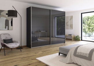 rauch Quadra, Kleiderschrank, Schiebetürenschrank, 2-türig, mit Glasfront, 3 Kleiderstangen und 6 Einlegeböden, Farbe Grau metallic/Glas Basalt, BxHxT 271x229x62cm