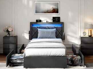 VASAGLE Einzelbettgestell, Bettgestell, 90 x 200 cm, LED, Metallbett, 4 Schubladen, Ladestation, verstellbares gepolstertes Kopfteil, dunkelgrau