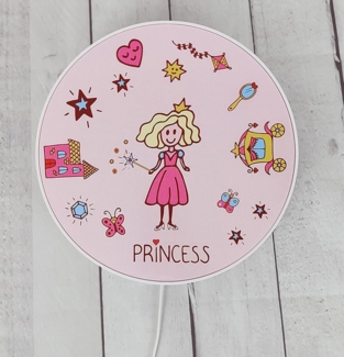 Kinderzimmer Wandlampe Rosa mit Motiv Prinzessin, Schalter & Stecker, Ø 25cm