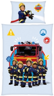 MTOnlinehandel Kinderbettwäsche Feuerwehrmann Sam, 100x135 + 40x60 cm, Feuerwehr Crew Pontypandy, 100% Baumwolle, 2 teilig, Wende-Motiv in blau, Geschenkidee für Kinder
