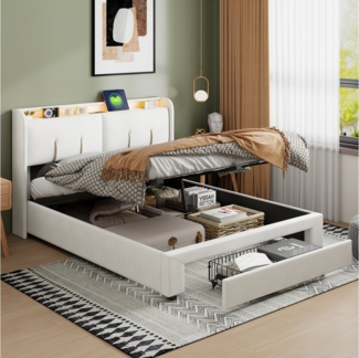 FUROKOY Stauraumbett Polsterbett Doppelbett mit LED-Beleuchtung Stauraum Kopfteil (Aufklappbares Kopfteil mit USB-Ladeanschluss), Hydraulisches Bett Funktionsbett, Samt, Beige, 140x200 cm