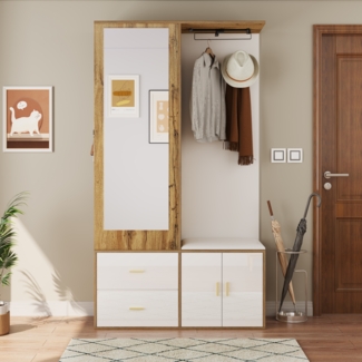 Edles Garderobenset in Weiß- und Holzfarben mit Spiegel, 100*38*180 cm, Weiß und Holz