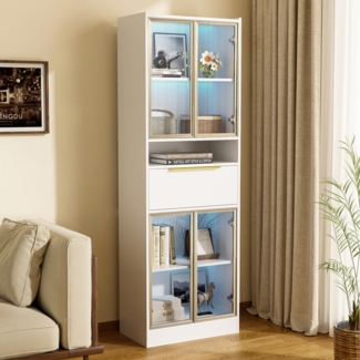Hochschrank mit 16-Farb-LED & Bluetooth, Vitrine mit Glasfront und Schublade, MDF & Sicherheitsglas, Weiß, 60×35×180 cm