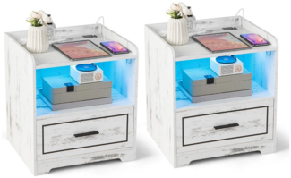 2er Set Nachttisch mit LED Licht USB-Anschluss und Typ-C-Ladestation Nachtschrank mit Bewegungssensor Weiß