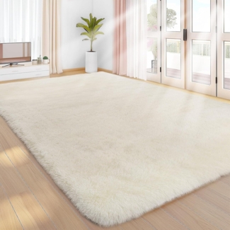 Großer Teppich 200x300 cm Hochflor Creme Wohnzimmer Schlafzimmer Kinderzimmer